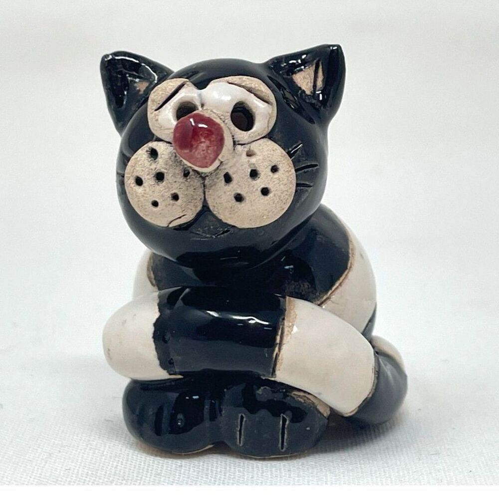 Vintage Handmade Cat Figurine Black & White Striped Clay Miniature Kitty 2"